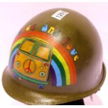 Vietnam war era helmet with Peace and Love artwork. P&P Group 2 (£18+VAT for the first lot and £3+