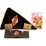 German Third Reich type Hitler Youth armband, pennant, two pin badges and two belt buckles. P&P