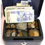 Cash box containing coins and bank notes. P&P Group 3 (£25+VAT for the first lot and £5+VAT for