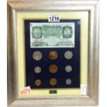 Framed 1962 set coins with L K O'Brien near uncirculated £1 note. P&P Group 3 (£25+VAT for the first