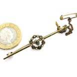 Yellow metal sapphire and pearl set brooch, L: 55 mm, 3.4g. P&P Group 1 (£14+VAT for the first lot