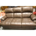 Modern brown leather three seater sofa, L: 176 cm. Not available for in-house P&P, contact Paul O'