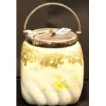 Doulton Burslem biscuit barrel with silver plated cover and swing handle, H: 18 cm. P&P Group 2 (£