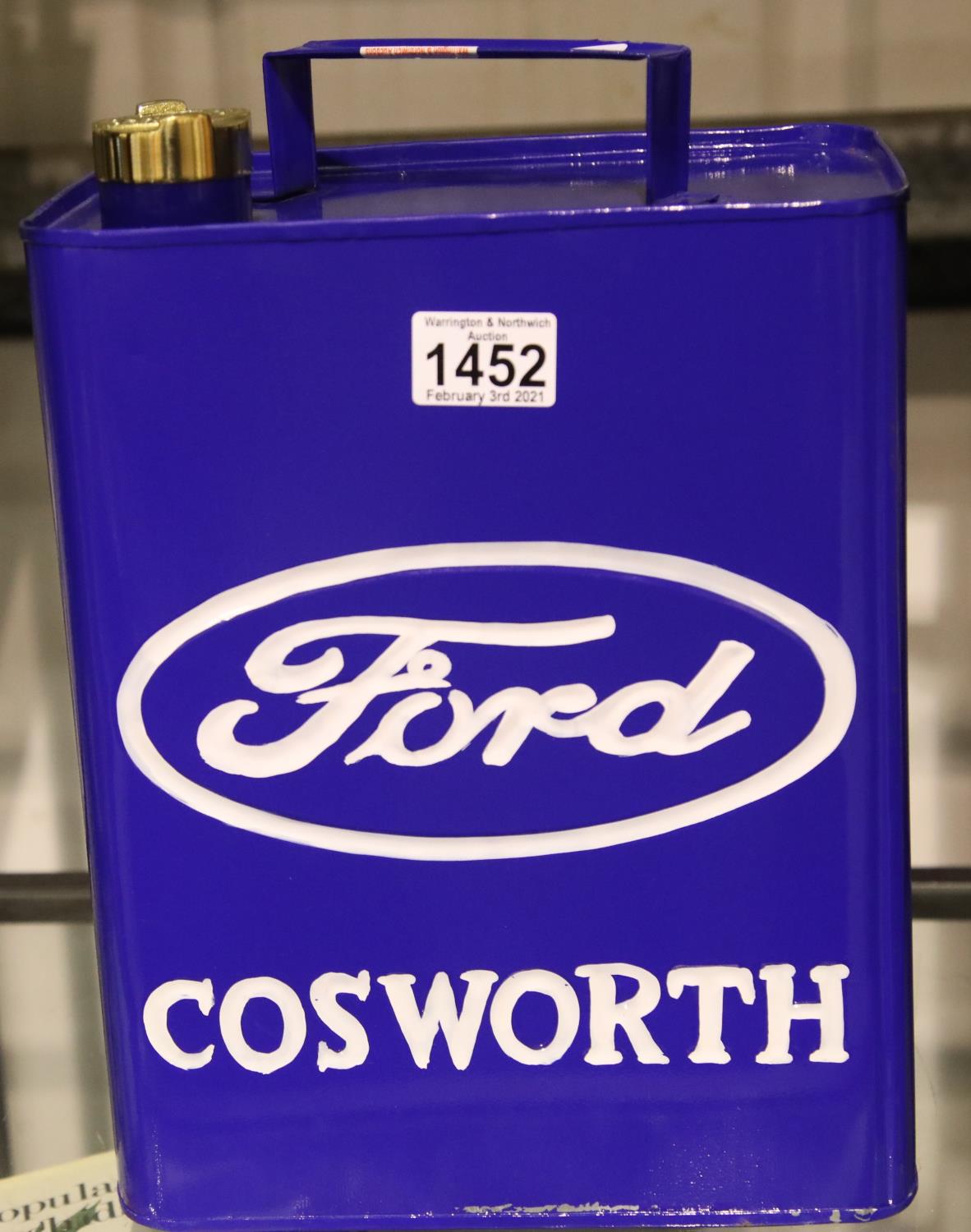 Blue Ford 5L Cosworth petrol can. P&P Group 2 (£18+VAT for the first lot and £3+VAT for subsequent