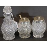 Edwardian hallmarked silver and cut glass three piece condiment set, Birmingham assay 1908. P&P