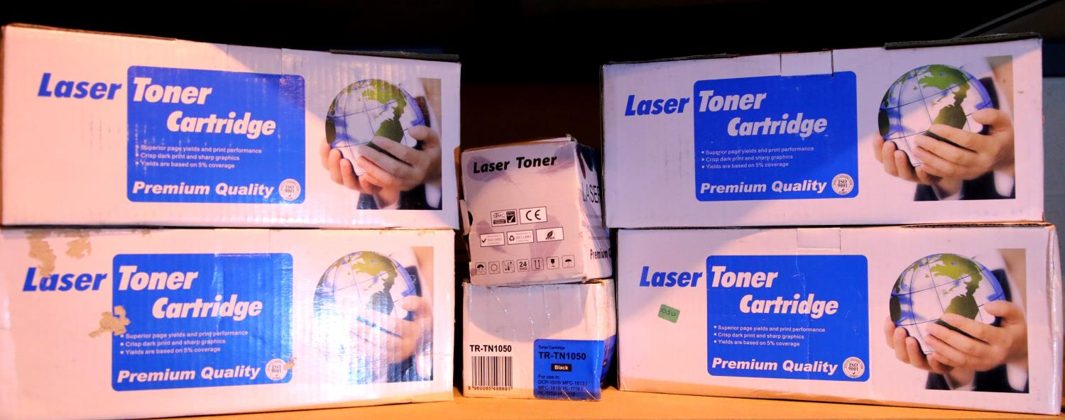 Shelf of mixed laser toner cartridges. Not available for in-house P&P, contact Paul O'Hea at