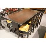 Youngers refectory dining table and six spindle back rush seated chairs, 90 x 150 cm. Not