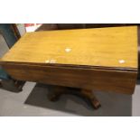 Victorian pedestal drop leaf sofa table on quatrefoil supports, with single and dummy drawers, 114 x