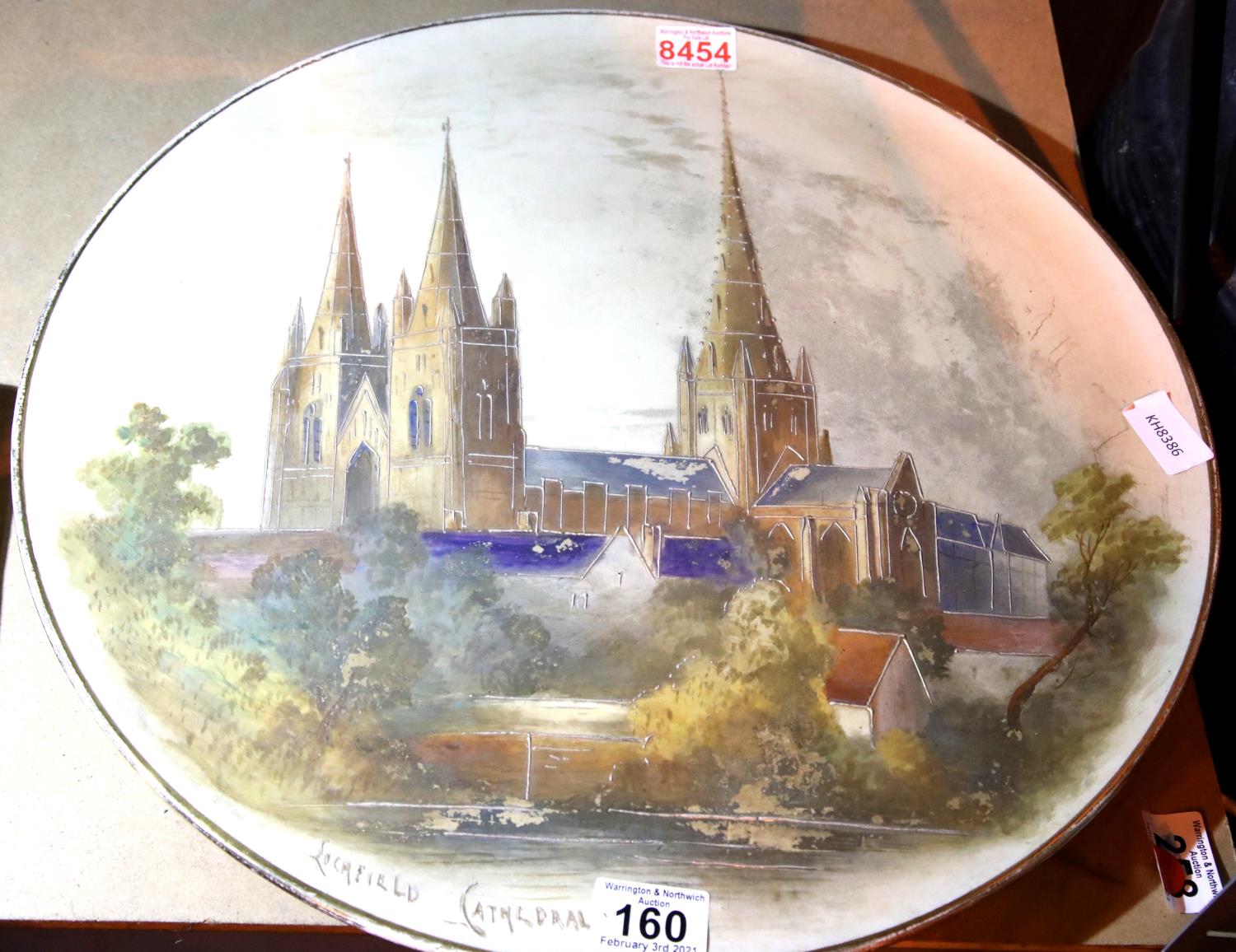 Large ceramic plate of Lichfield Cathedral. Not available for in-house P&P, contact Paul O'Hea at