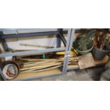 Large collection of mixed gardening tools including drain rods. Not available for in-house P&P,