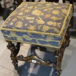 Early 19th century carved walnut Carolean style square stool, with upholstered cushioned top, 52 x