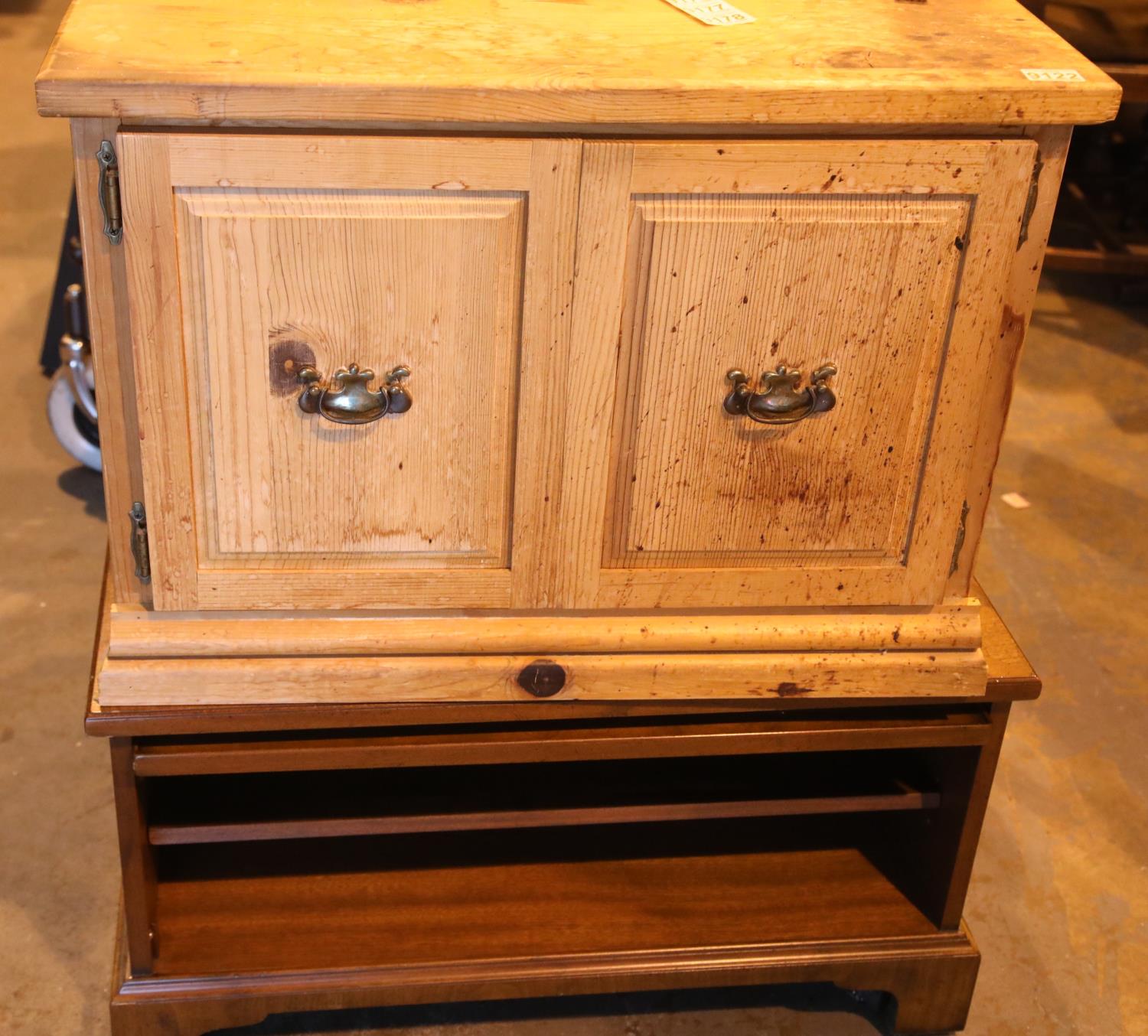 Mahogany TV stand and a pine two door cupboard. Not available for in-house P&P, contact Paul O'Hea