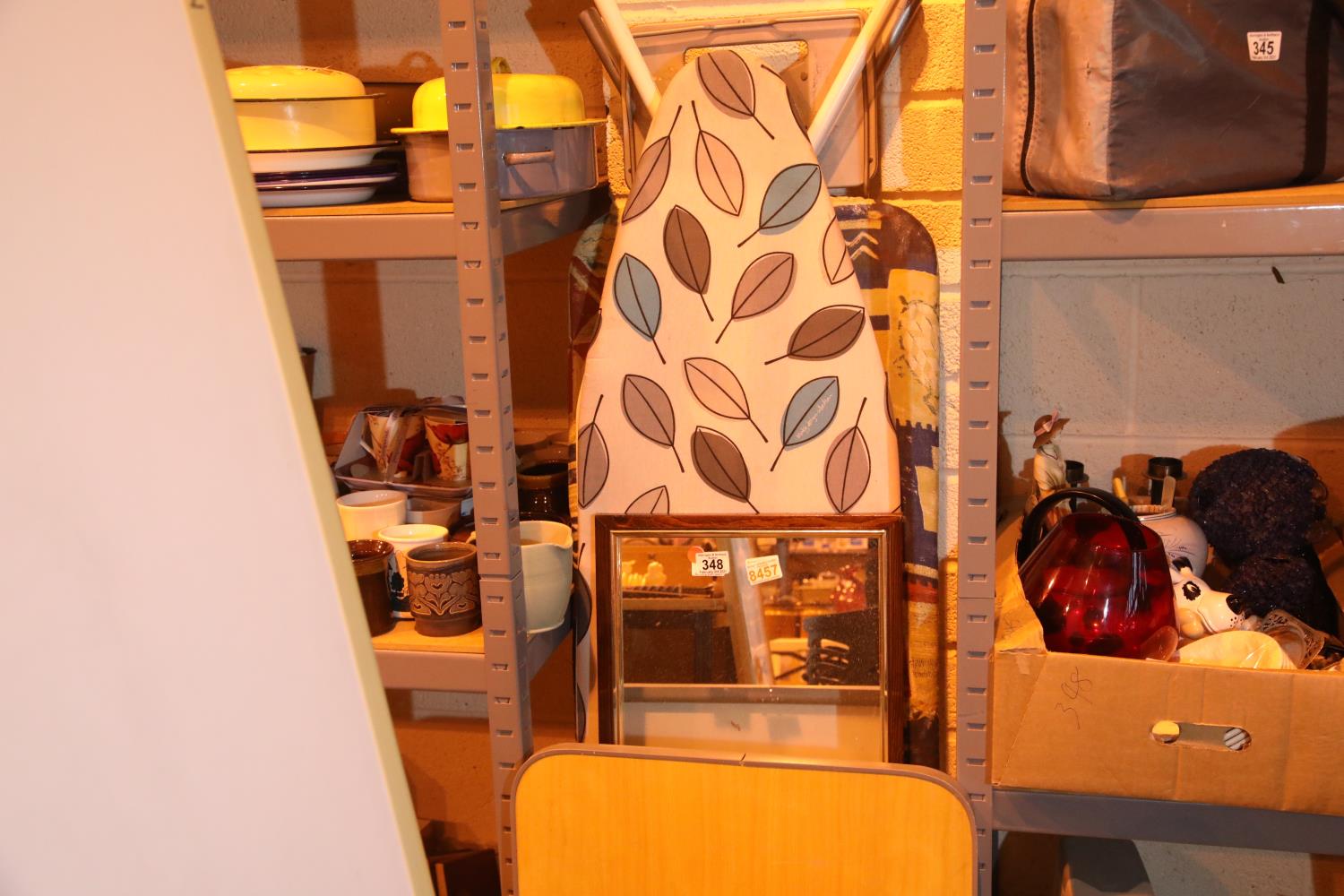 Two folding ironing boards, mirror, folding side table and a box of mixed items including