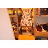 Two folding ironing boards, mirror, folding side table and a box of mixed items including