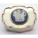 Edward VII hallmarked silver pill box, the hinged cover set with a circular Wedgwood type panel,