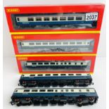 5x Hornby/Bachmann Blue/Grey Coaches including 'Nightcap Bar' Some lacking couplings Incorrect boxes