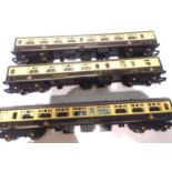 Three Hornby Pullman style in chocolate/cream coaches; Green Knight, Red Knight and Pendragon. P&P