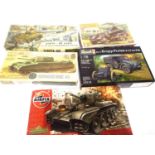 5x Military related plastic kits, 1:72/1:76 scale Airfix, Revell and Matchbox, contents unchecked.