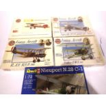 Airfix 1:72 scale plastic kits, Fokker triplane, RE8 Albatross, Sopwith camel and Revell Nieuport,