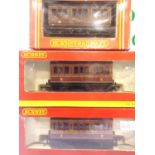 Three Hornby R468 LMS Maroon four wheel coaches in very good - excellent condition and boxed. P&P