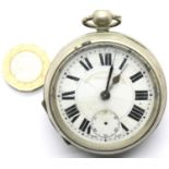 White metal late Victorian key wind pocket watch lacking seconds hand, D: 55 mm. P&P Group 1 (£14+