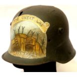 WWI German M16 Stahlhelm with post war memorial painting. P&P Group 2 (£18+VAT for the first lot and