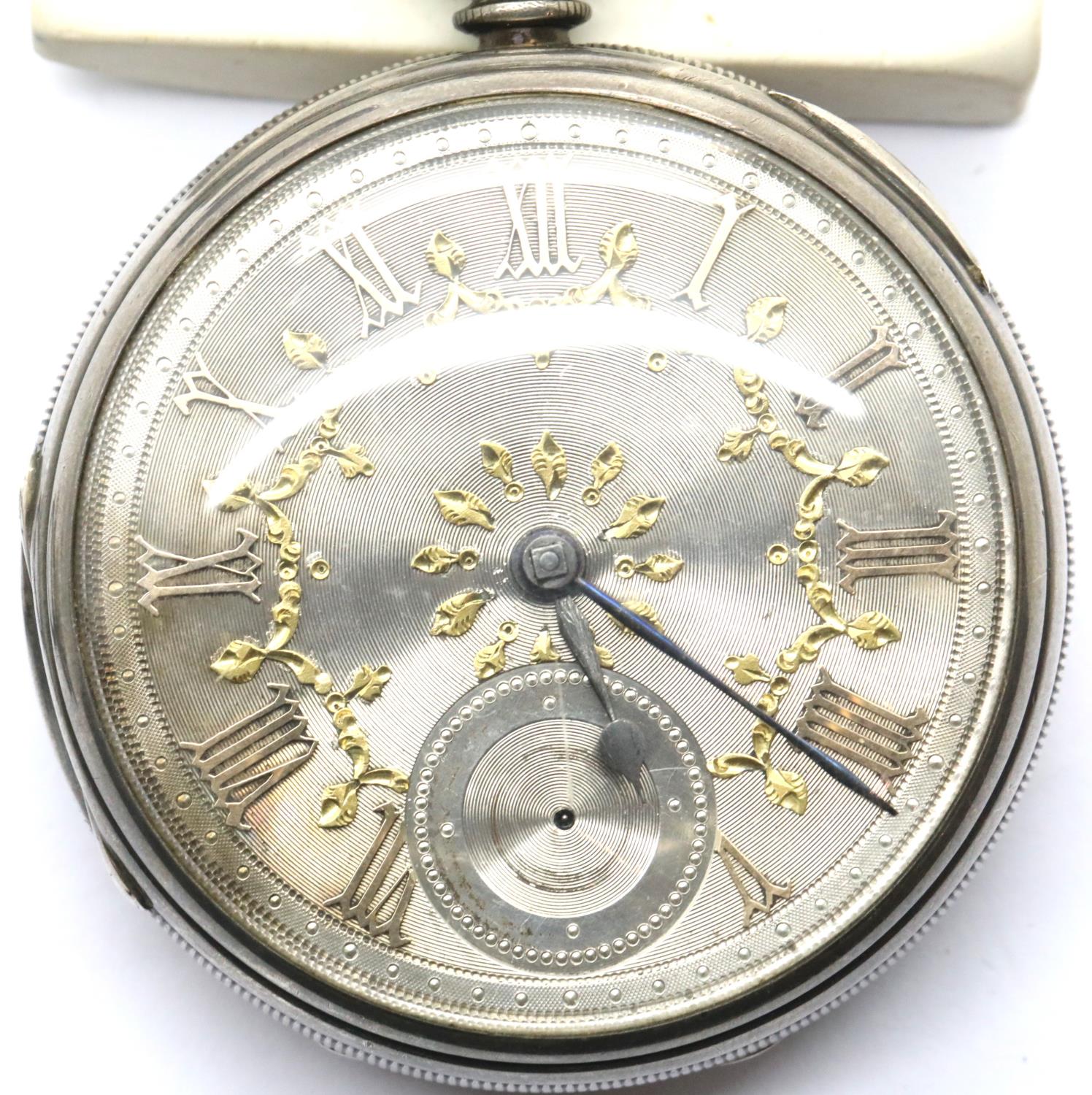 Hallmarked silver pocket watch, London assay with ornate silver dial and vintage watch keys, not - Image 5 of 5