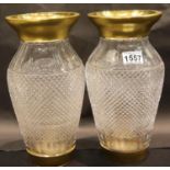 Presumed Baccarat pair of large French finely cut glass baluster vases, with gilt rims and bases,