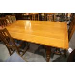 Substantial oak refectory table on turned supports with later top, 199 x 123 x 76 cm. Not
