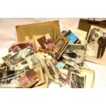 Box of vintage photographs including military subjects, albums, postcards, some mounted by P McUrin.