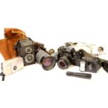 Mixed cameras including Voigtlander Brilliant and Praktica with Zeiss lens. P&P Group 3 (£25+VAT for