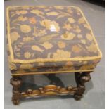 Early 19th century carved walnut Carolean style square stool, with upholstered cushioned top, 52 x