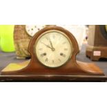 Inlaid mahogany mantel clock with August Schatz and Son movement, pendulum and key. Not available