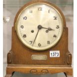 Kienzle oak cased mantel clock hallmarked silver presentation plaque 1925 with key and pendulum