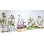 Collection of mixed figurines including Dresden and an antique German ceramic potpourri. P&P Group 3