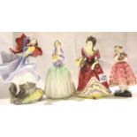 Three Royal Doulton ladies; Maisie HN 1619, Sophie HN 3257, Dorcas HN 1491 (rare colourway) and a