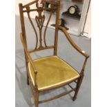 Boxwood inlaid walnut armchair with upholstered pad seat. Not available for in-house P&P, contact