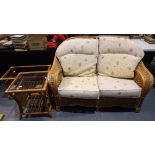 Cane conservatory settee and two matching glass top tables. Not available for in-house P&P,