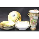 Six Noritake peanut design tea plates and a Noritake vase and bowl. H: 20cm Not available for in-