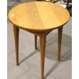 Oak four legged circular table with sanded top, D: 61 cm, H: 76 cm. Not available for in-house P&
