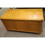 Modern light oak blanket chest with cushion contents, 102 x 49 x 52 cm. Not available for in-house