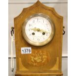 Edwardian twin handled inlaid oak chiming mantel clock with boxwood stringing, inlay and scalloped