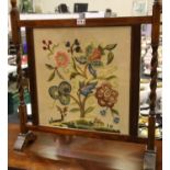 Oak framed firescreen with embroidered wool panel, H: 77 cm. Not available for in-house P&P, contact