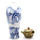 Oriental baluster vase with scenic decoration and a small Far Eastern teapot. P&P Group 2 (£18+VAT