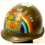 Vietnam war era helmet with Peace and Love artwork. P&P Group 2 (£18+VAT for the first lot and £3+