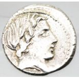 86BC early Roman silver Republic Denarius anonymous head of Apollo and Jupiter galloping Quadriga.