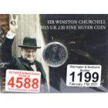 2015 Winston Churchill £20 silver coin, brilliant uncirculated sealed in Royal Mint package. P&P