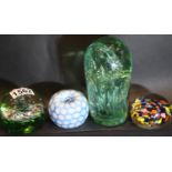Large green glass dump paperweight and three others including Caithness. P&P Group 2 (£18+VAT for