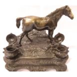 Bronze horse mounted pen stand with inkwells, L: 25 cm. P&P Group 3 (£25+VAT for the first lot