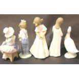 Five Nao ceramic figurines,four young girls and a goose, tallest H: 21cm. P&P Group 3 (£25+VAT for